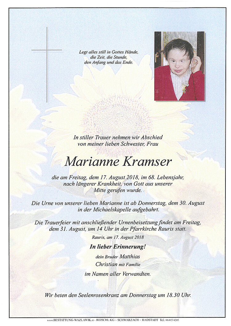 Parte von Marianne Kramser † 17.08.2018