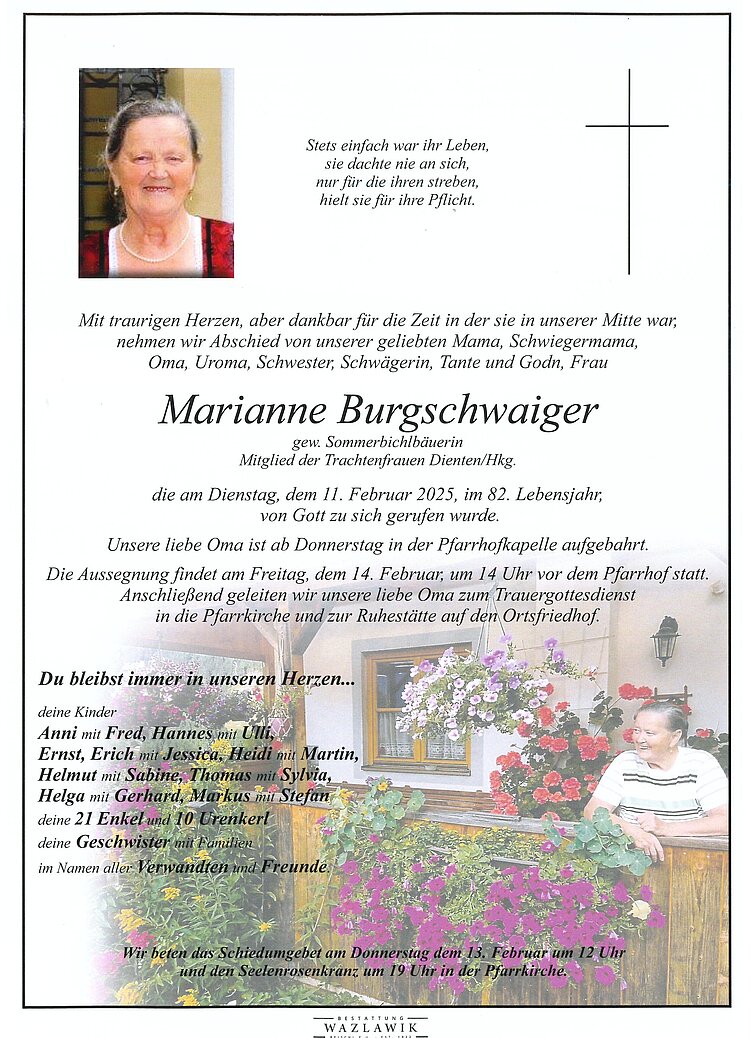 Parte von Marianne Burgschwaiger † 11.02.2025