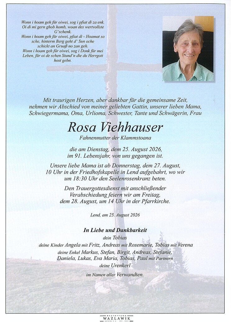 Parte von Rosa Viehhauser † 25.08.2026