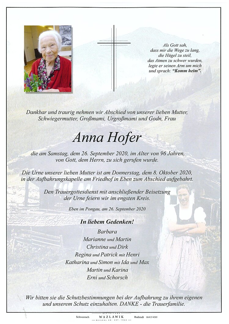 Parte von Anna Hofer † 26.09.2020