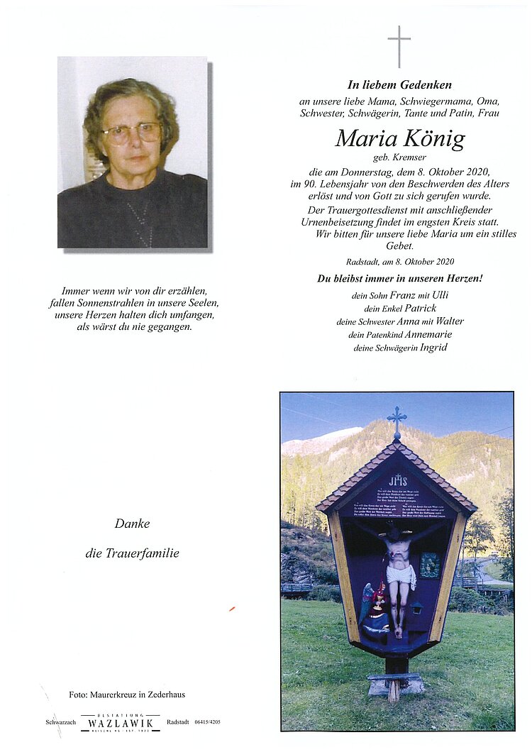 Parte von Maria König † 08.10.2020