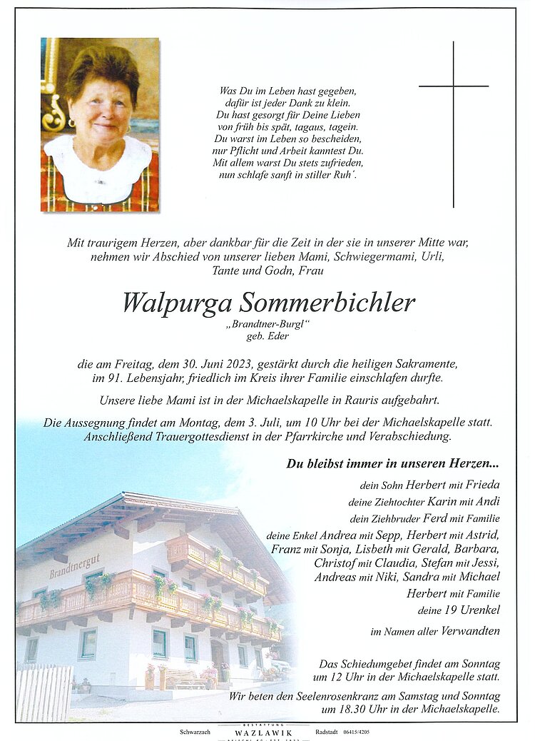 Parte von Walpurga Sommerbichler † 30.06.2023