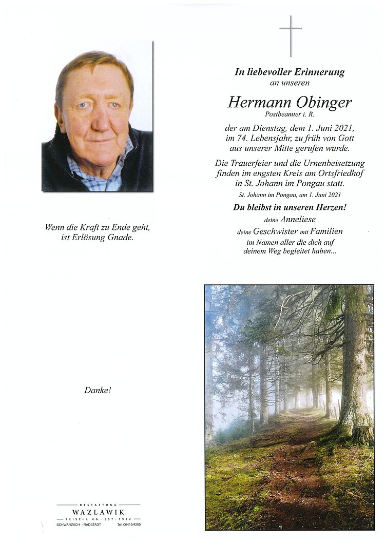 Parte von Hermann Obinger † 01.06.2021