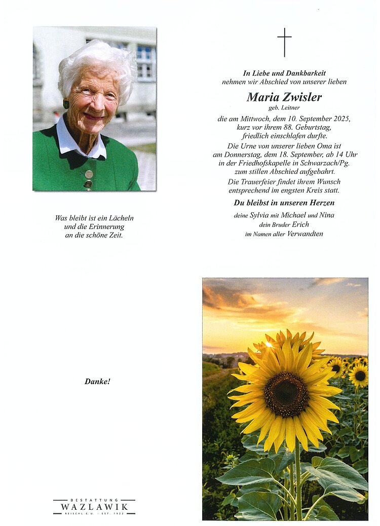 Parte von Maria Zwisler † 10.09.2025
