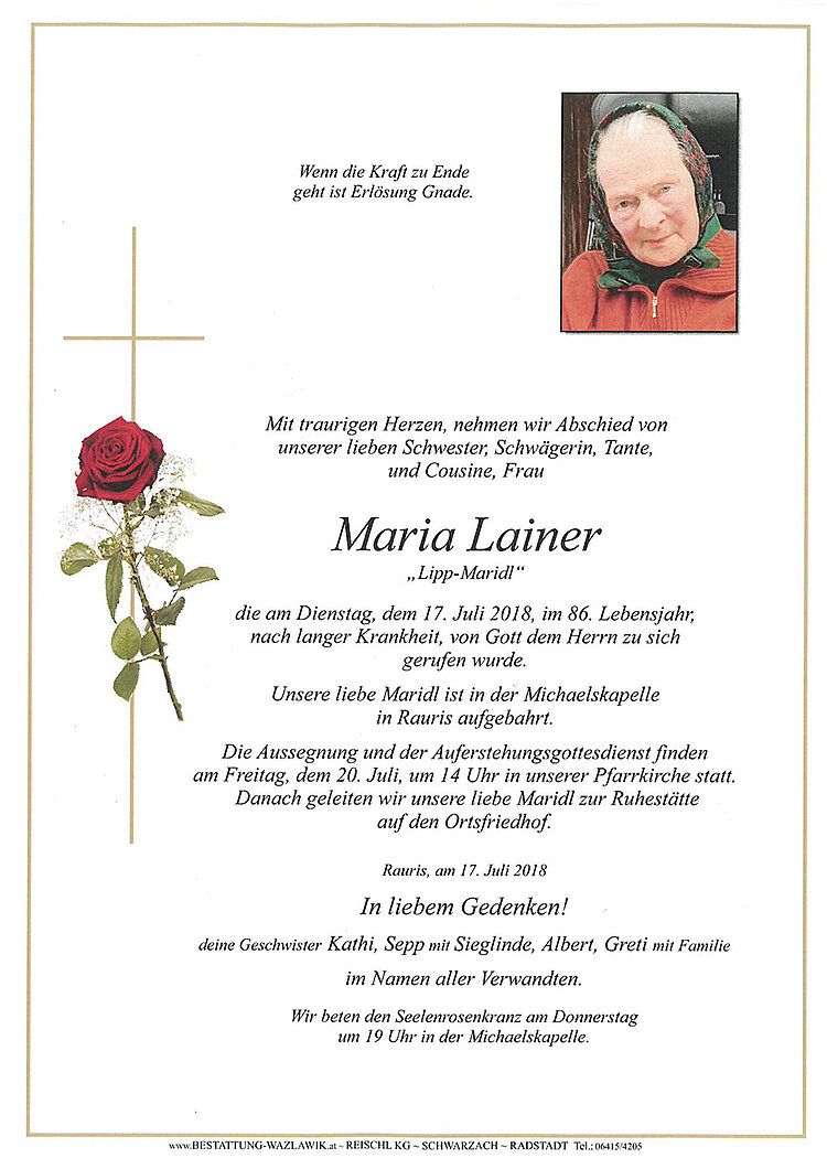 Parte von Maria Lainer † 17.07.2018