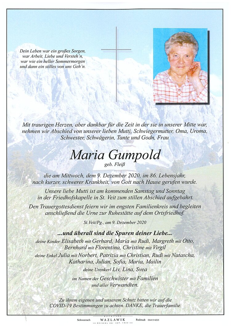 Parte von Maria Gumpold † 09.12.2020