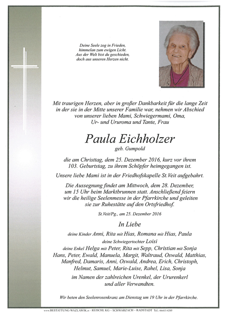 Parte von Paula Eichholzer † 25.12.2016