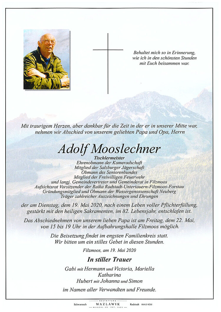 Parte von Adolf Mooslechner † 19.05.2020