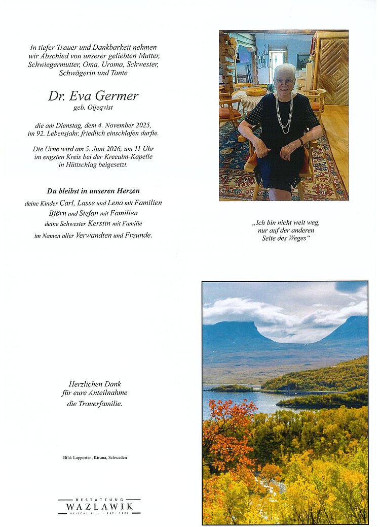Parte von Dr. Eva Germer † 04.11.2025