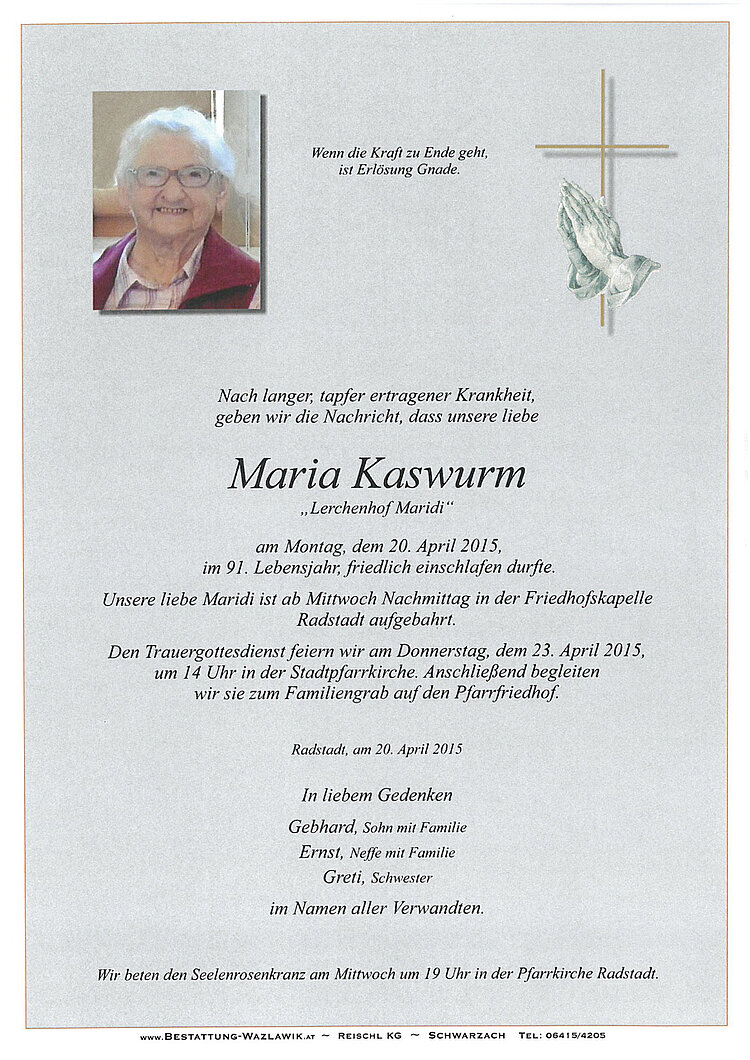 Parte von Maria Kaswurm † 20.04.2015