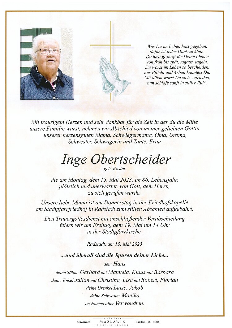 Parte von Inge Obertscheider † 15.05.2023