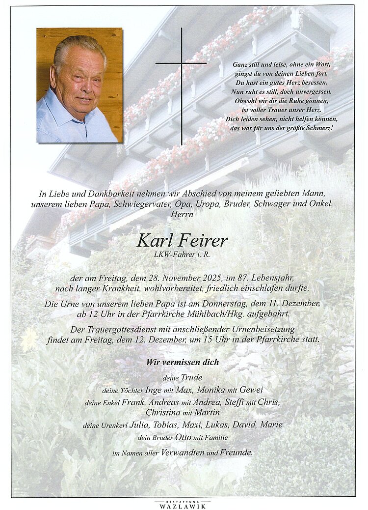 Parte von Karl Feirer † 28.11.2025