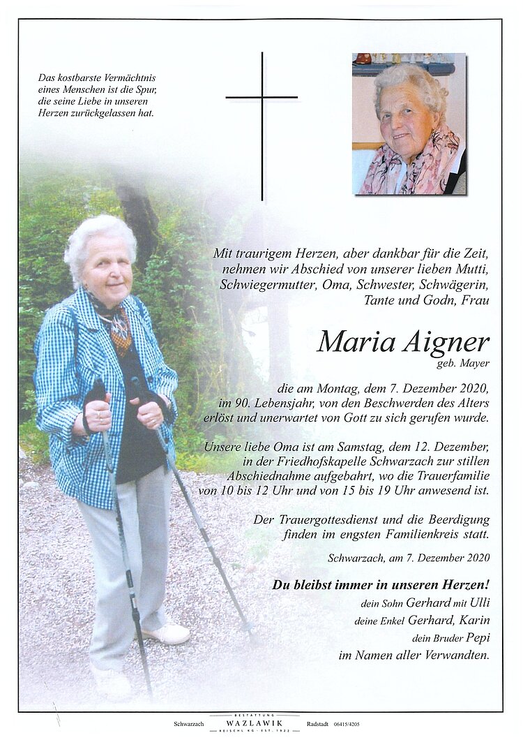 Parte von Maria Aigner † 07.12.2020