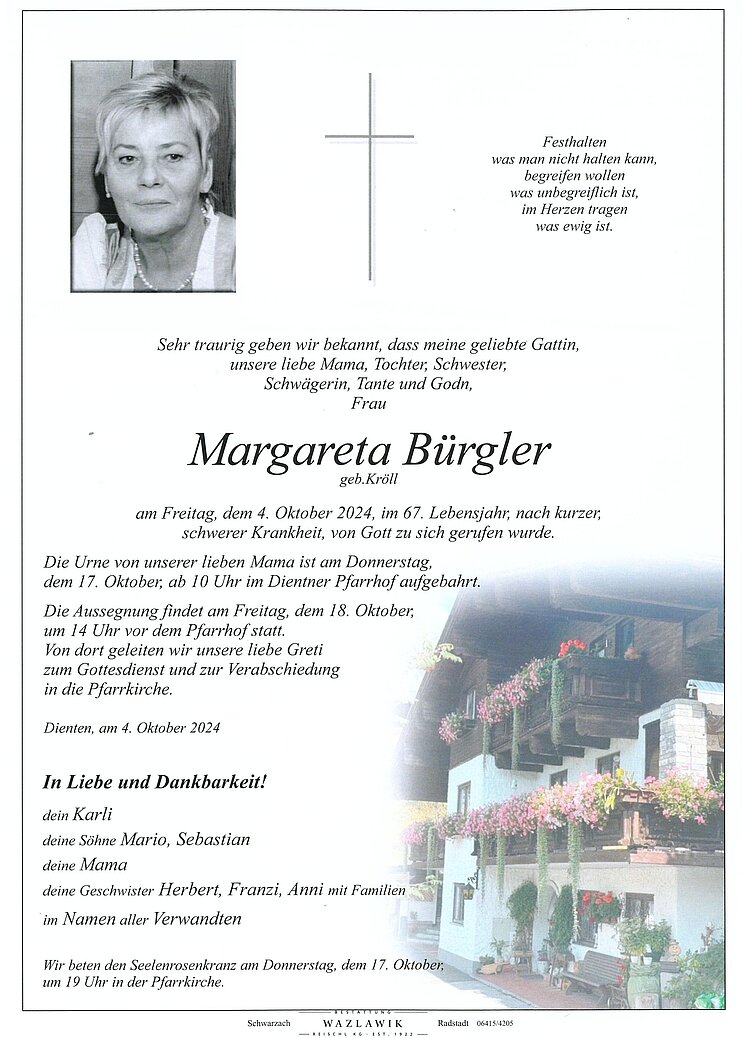 Parte von Margareta Bürgler † 04.10.2024