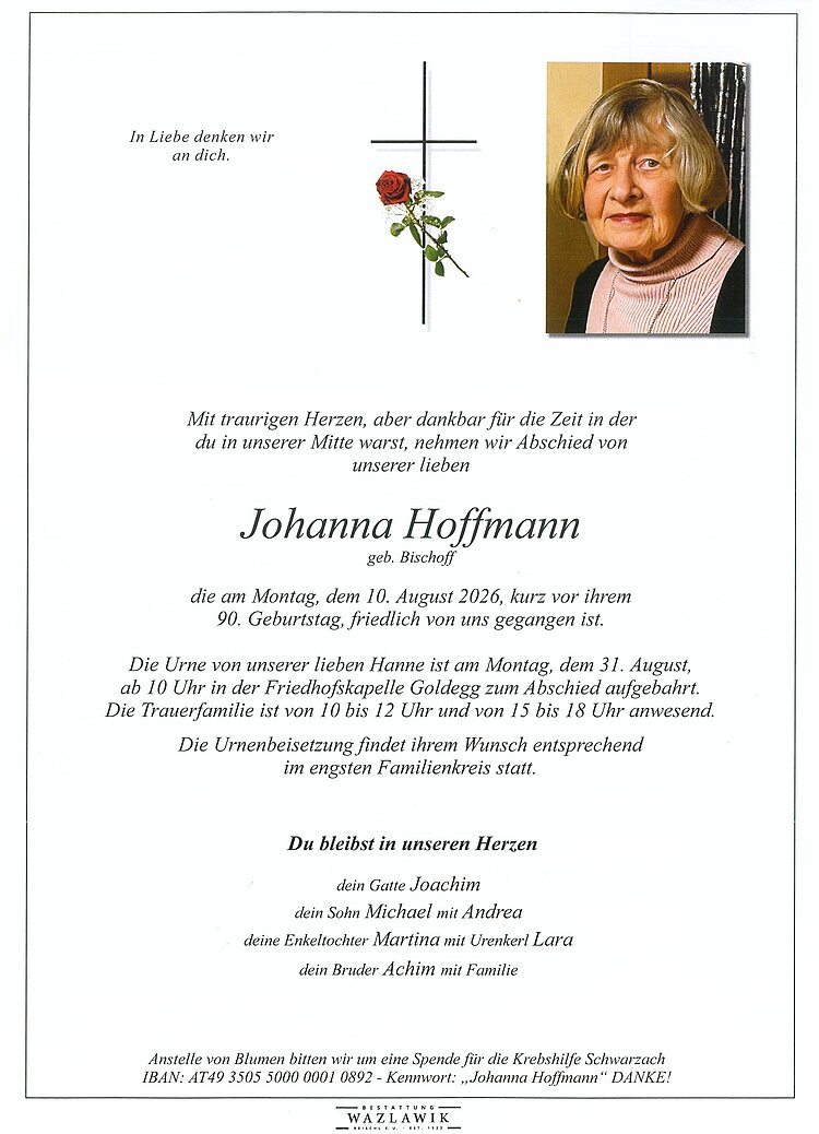 Parte von Johanna Hoffmann † 10.08.2026
