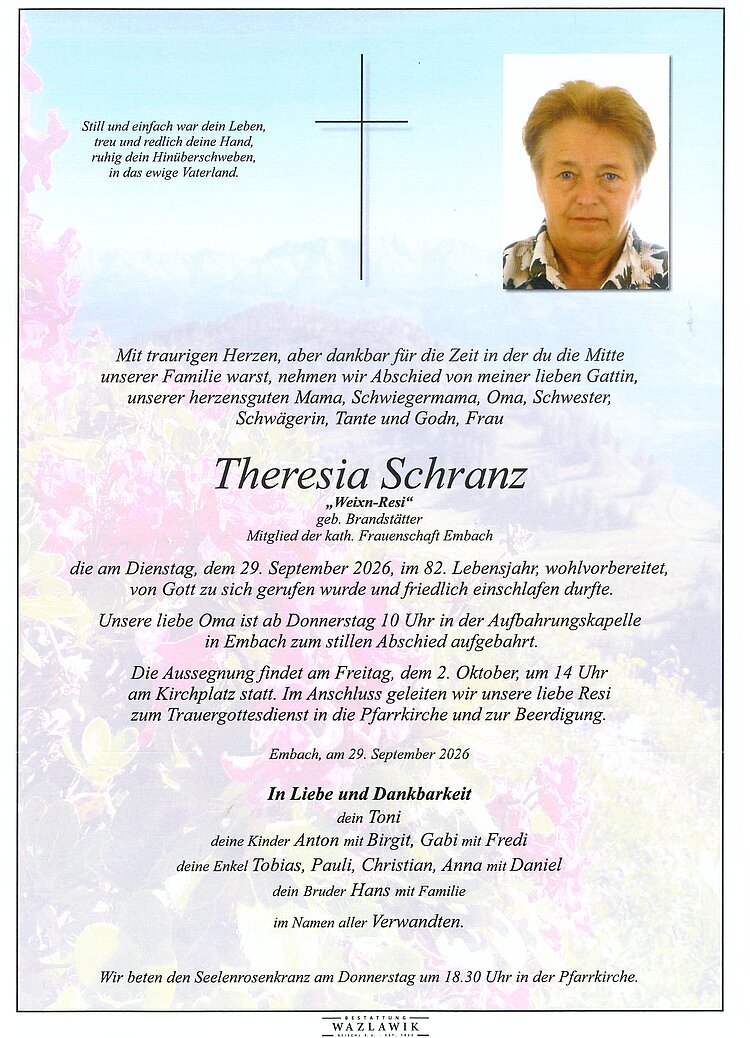 Parte von Theresia Schranz † 29.09.2026