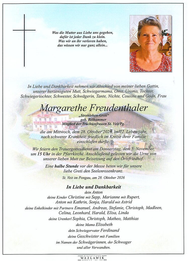 Parte von Margarethe Freudenthaler † 28.10.2026