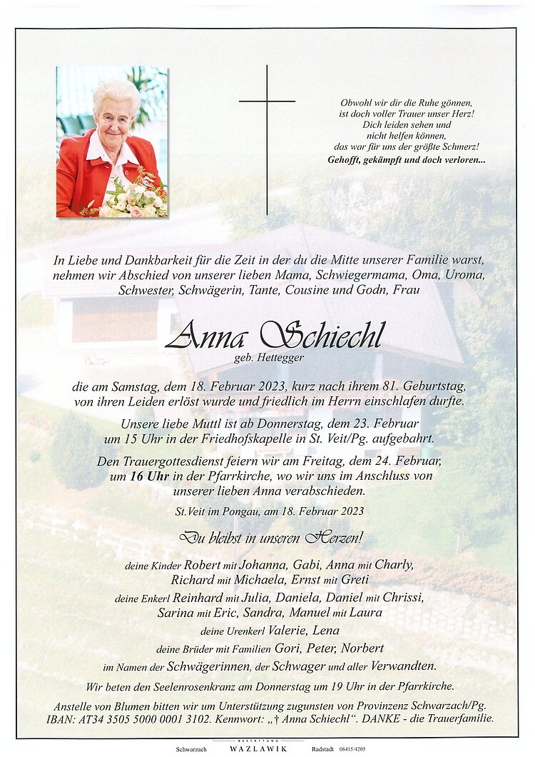 Parte von Anna Schiechl † 18.02.2023