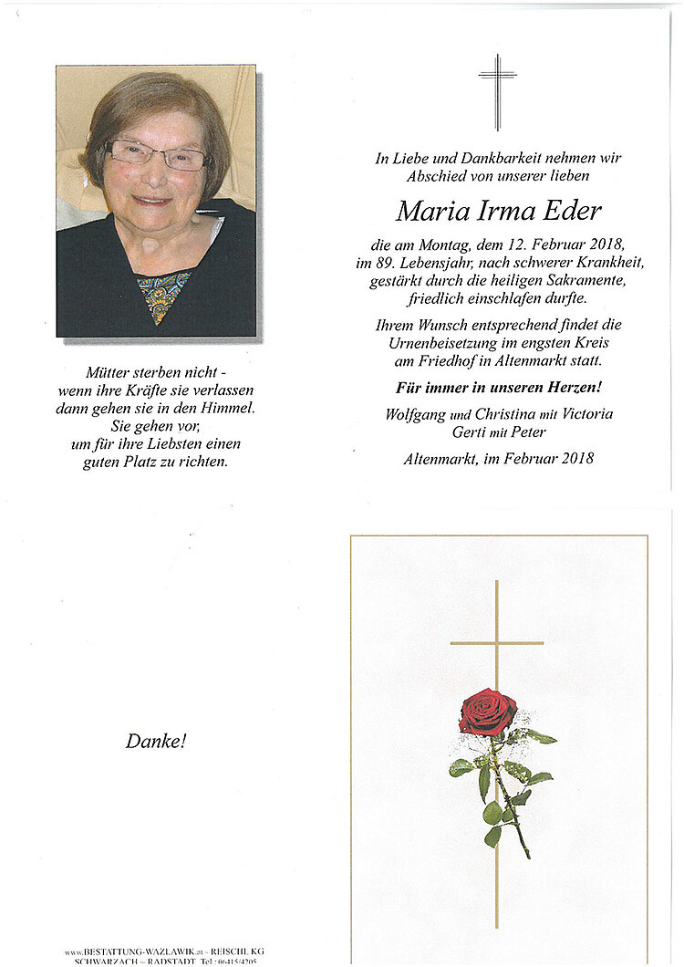Parte von Maria Irma Eder † 12.02.2018