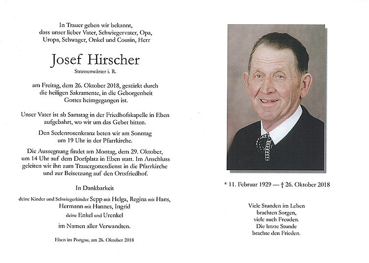 Parte von Josef Hirscher † 26.10.2018
