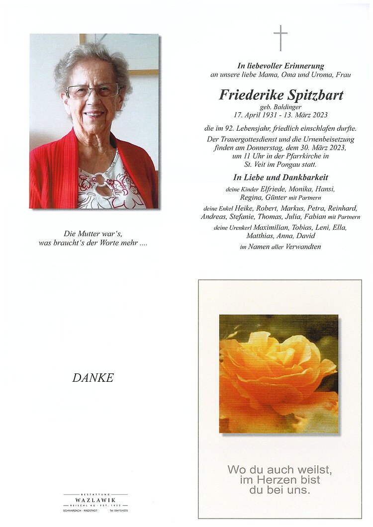 Parte von Friederike Spitzbart † 13.03.2023