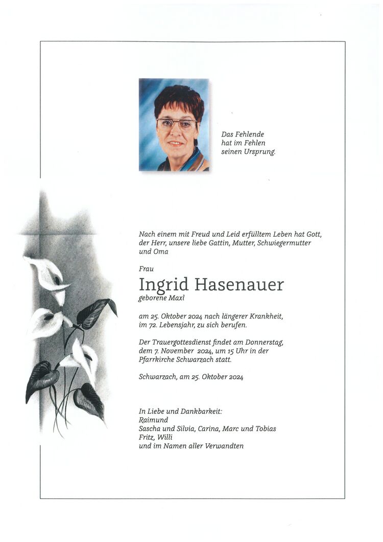 Parte von Ingrid Hasenauer † 25.10.2024