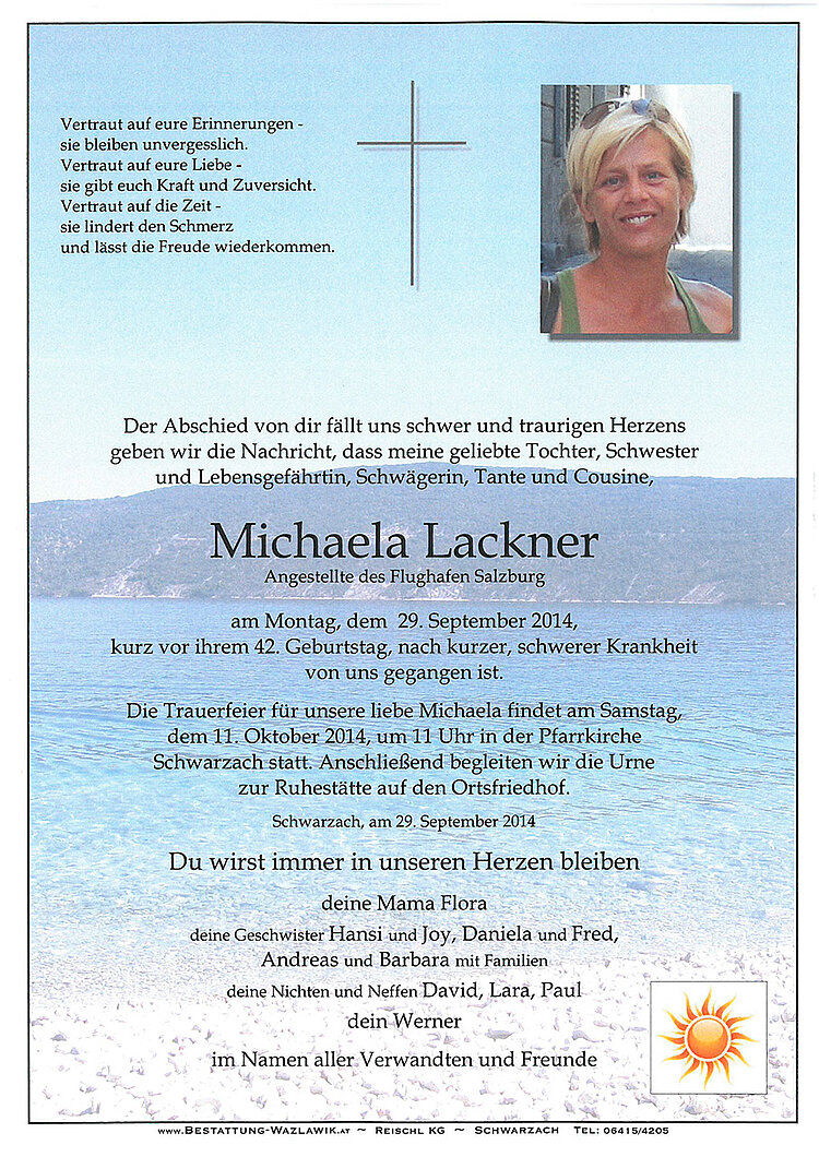 Parte von Michaela Lackner † 29.09.2014