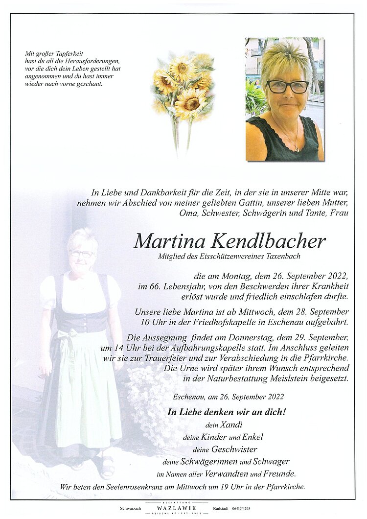Parte von Martina Kendlbacher † 26.09.2022