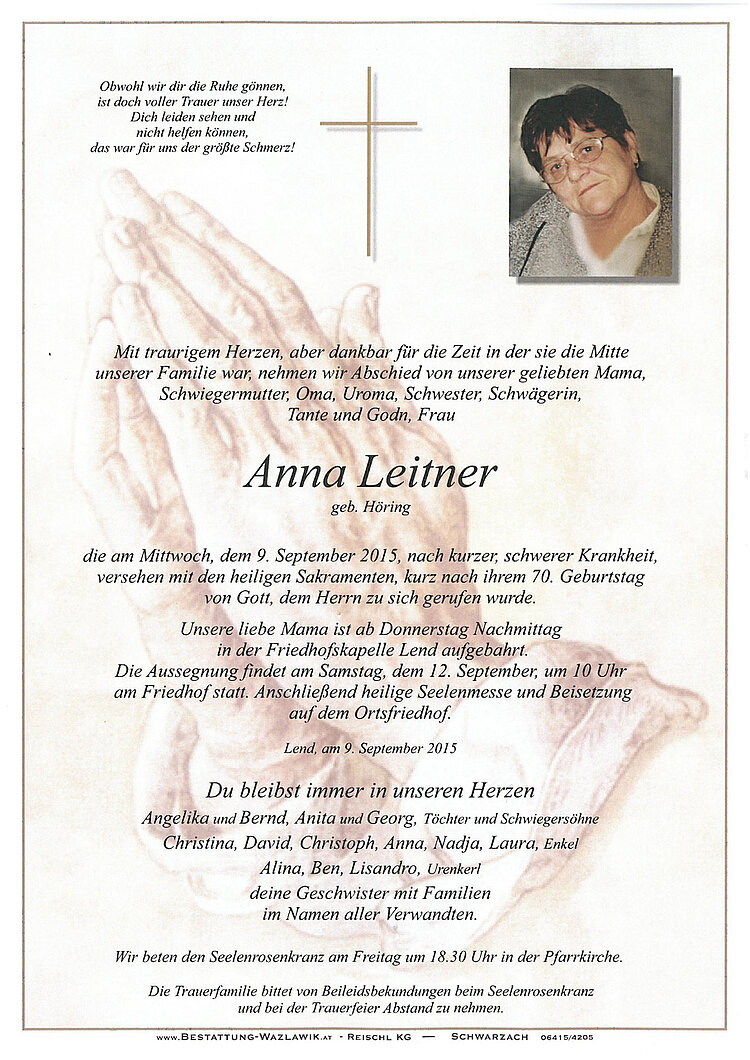 Parte von Anna Leitner † 09.09.2015