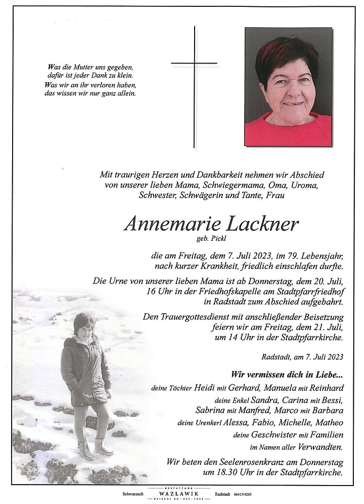 Parte von Annemarie Lackner † 07.07.2023