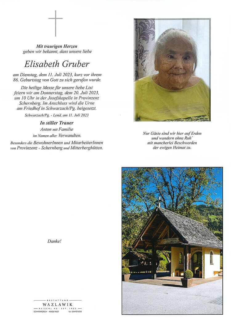 Parte von Elisabeth Gruber † 11.07.2023