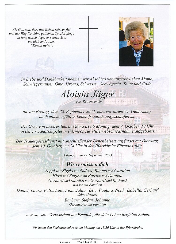 Parte von Aloisia Jäger † 22.09.2023