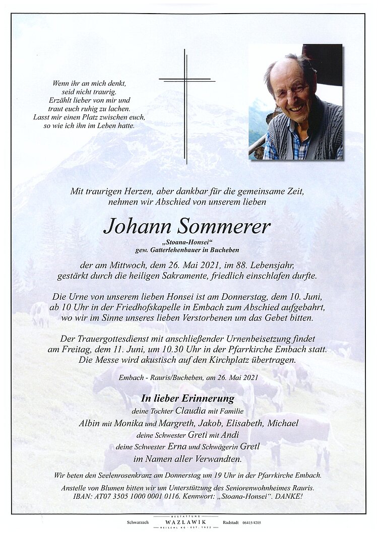Parte von Johann Sommerer † 26.05.2021