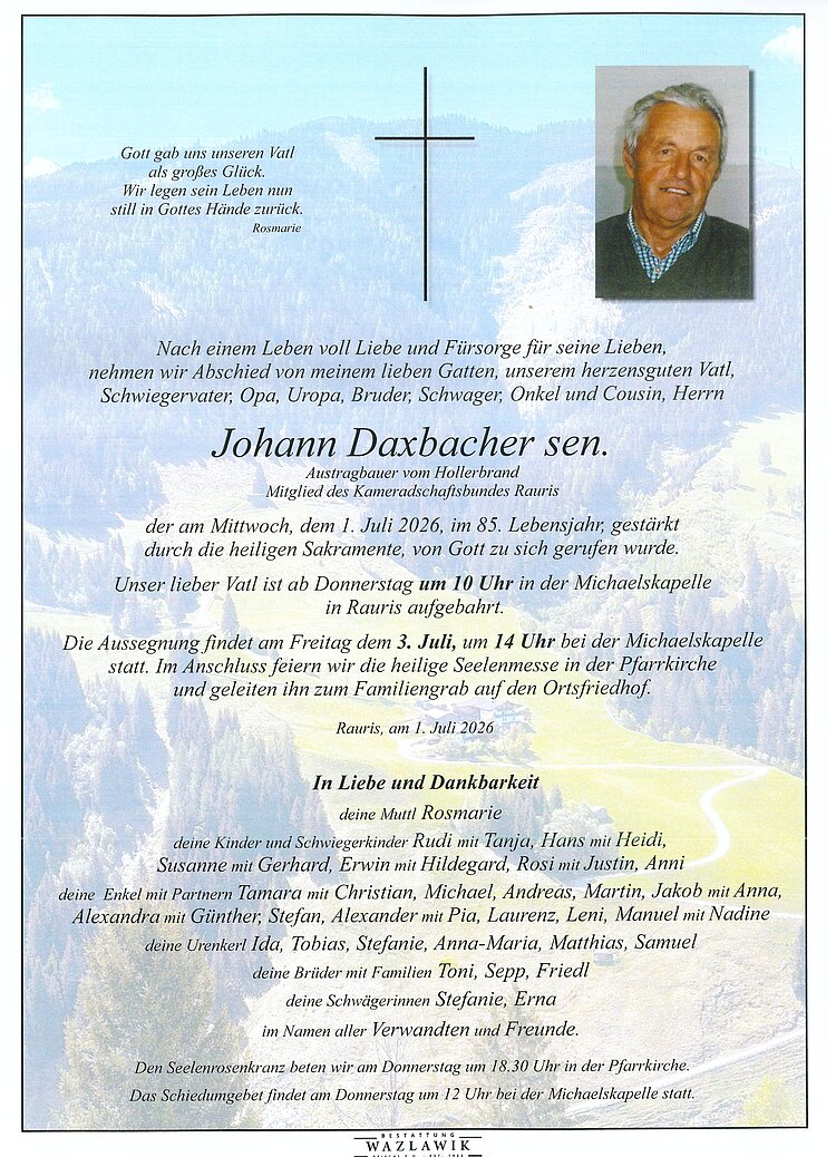 Parte von Johann Daxbacher sen. † 01.07.2026