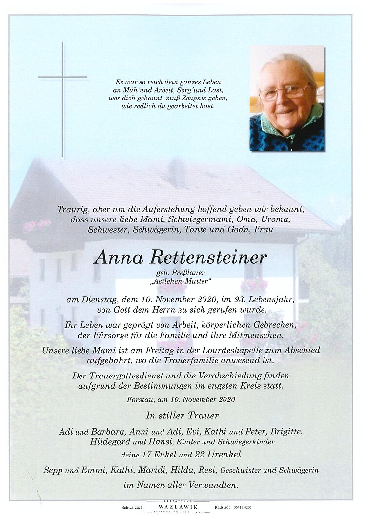 Parte von Anna Rettensteiner † 10.11.2020