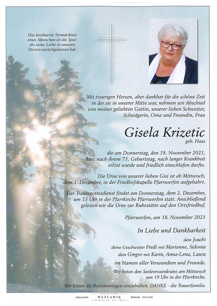 Parte von Gisela Krizetic † 18.11.2021