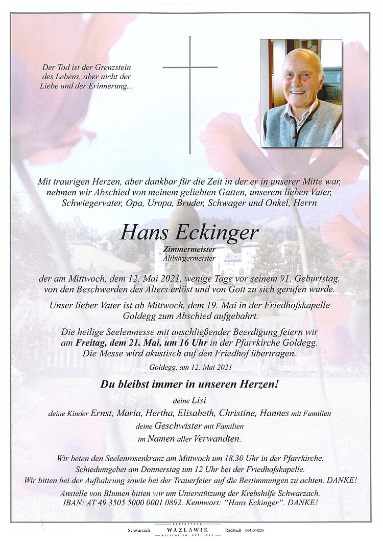 Parte von Hans Eckinger † 12.05.2021