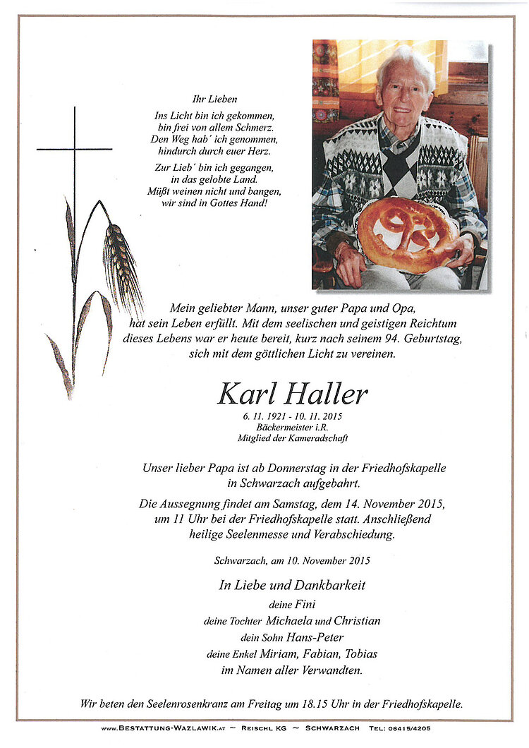Parte von Karl Haller † 10.11.2015