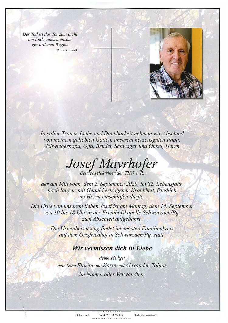 Parte von Josef Mayrhofer † 02.09.2020