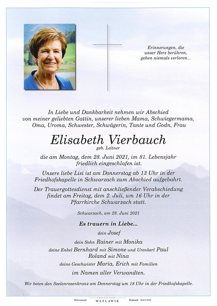 Parte von Elisabeth Vierbauch † 28.06.2021