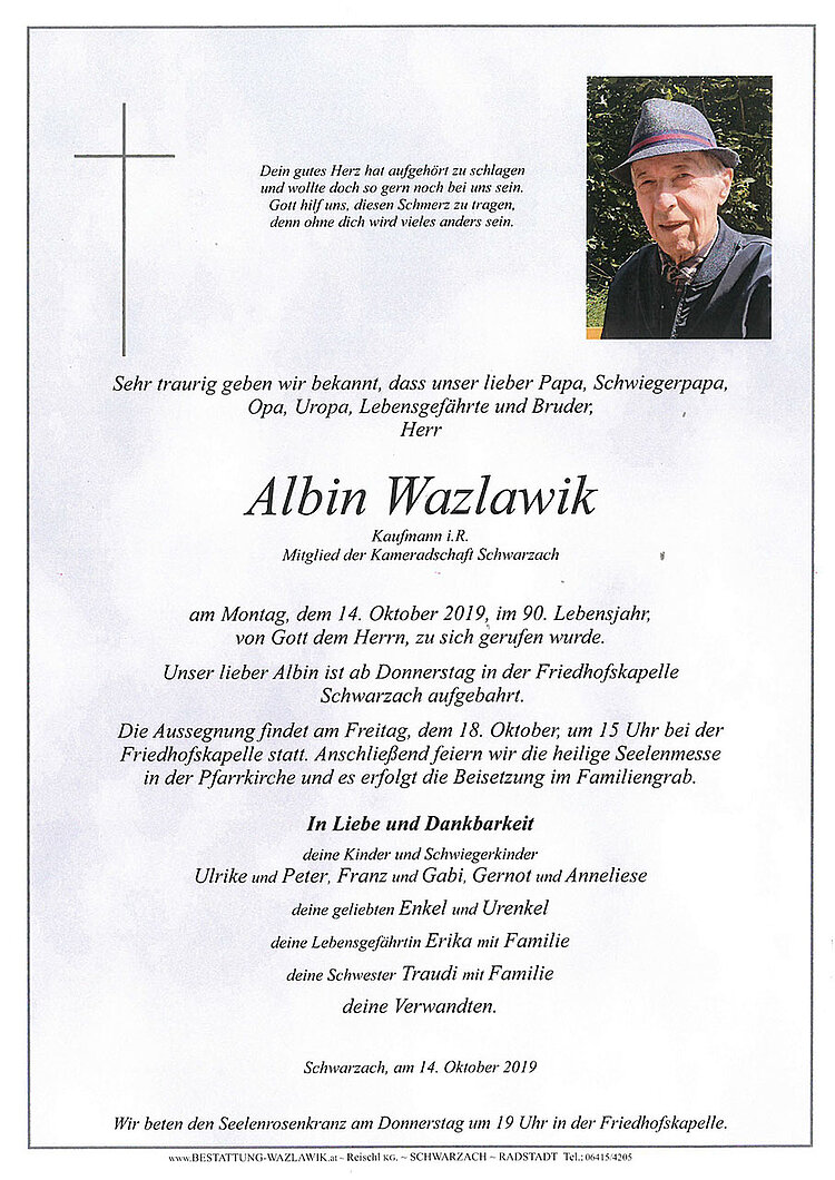 Parte von Albin Wazlawik † 14.10.2019