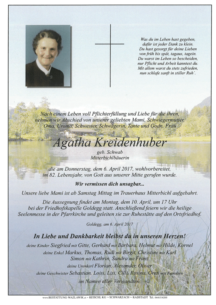 Parte von Agatha Kreidenhuber † 06.04.2017