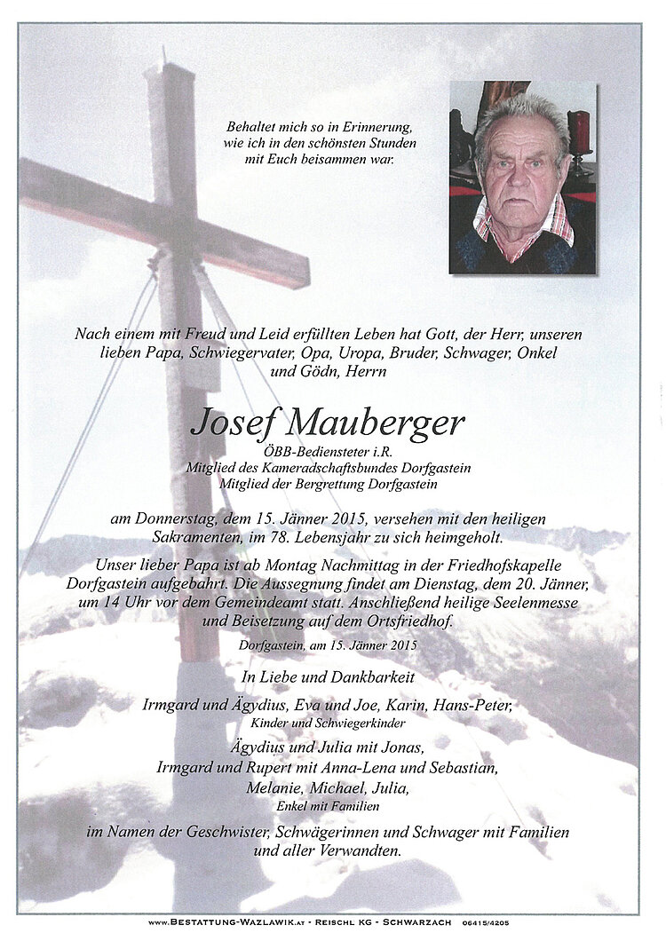 Parte von Josef Mauberger † 15.01.2015