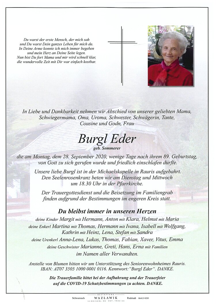 Parte von Burgl Eder † 28.09.2020