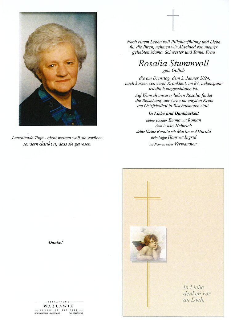 Parte von Rosalia Stummvoll † 02.01.2024