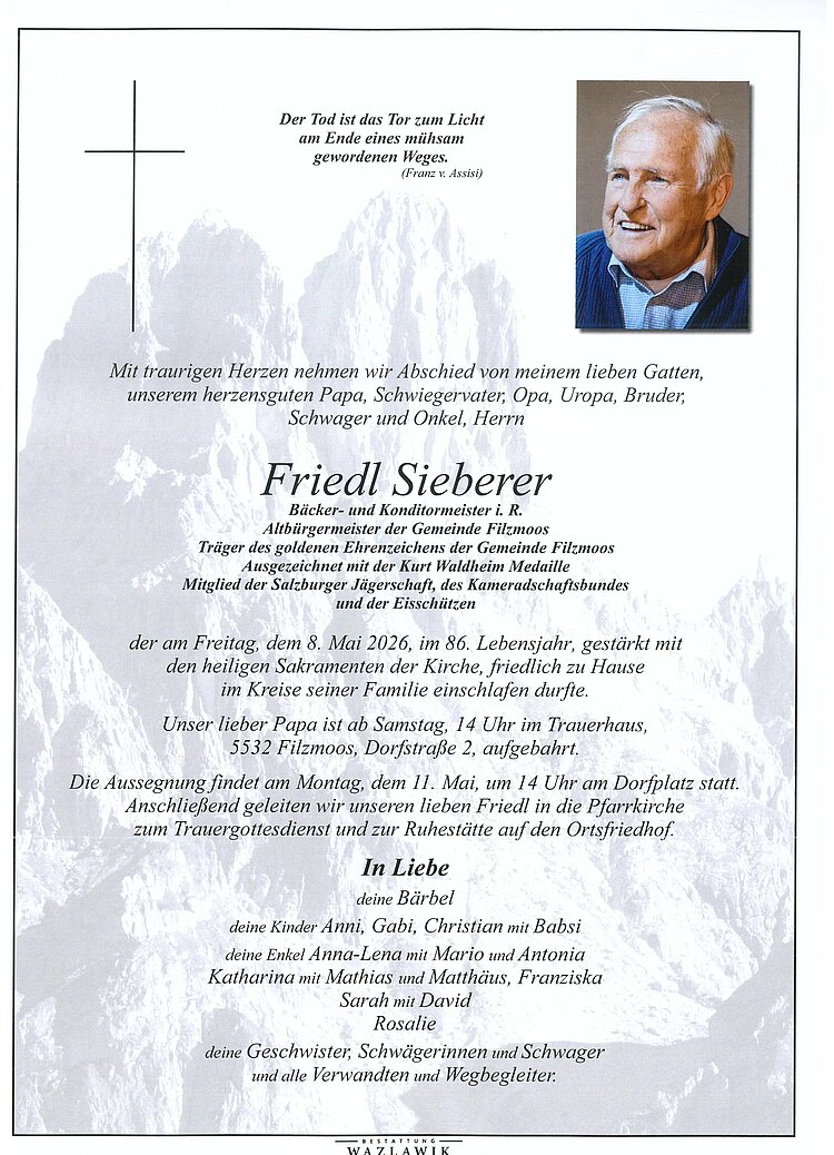 Parte von Friedl Sieberer † 08.05.2026