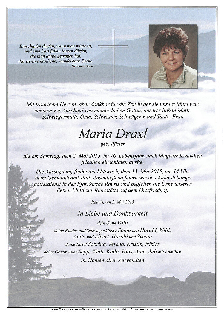 Parte von Maria Draxl † 02.05.2015