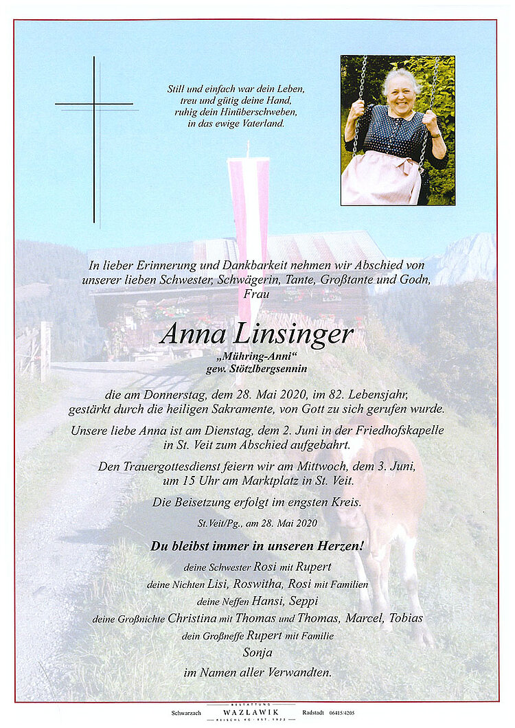 Parte von Anna Linsinger † 28.05.2020