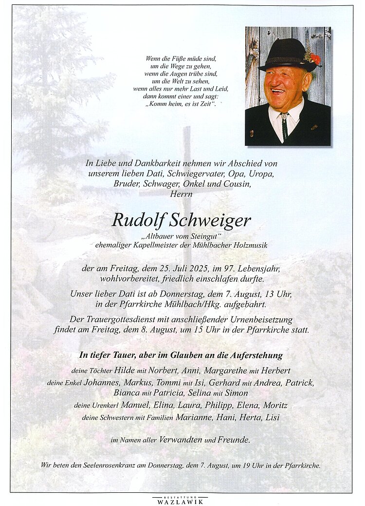 Parte von Rudolf Schweiger † 25.07.2025