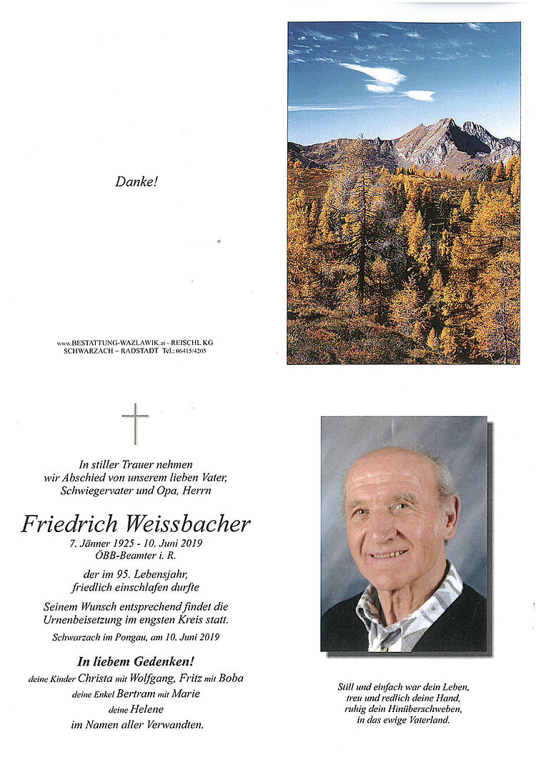 Parte von Friedrich Weissbacher † 10.06.2019